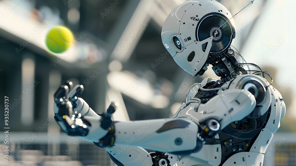 Robot Tennis Player Serving: An advanced robot in perfect form, serving a tennis ball with precision and power.
Robot Tennis Player Serving: An advanced robot in perfect form, serving a tennis ball with precision and power.