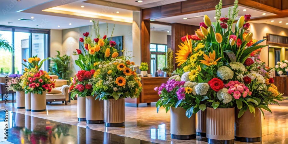 Fototapeta premium Vibrant flower arrangements brightening up a hotel lobby entrance, Flowers, Decor, Lobby, Bouquets, Fresh