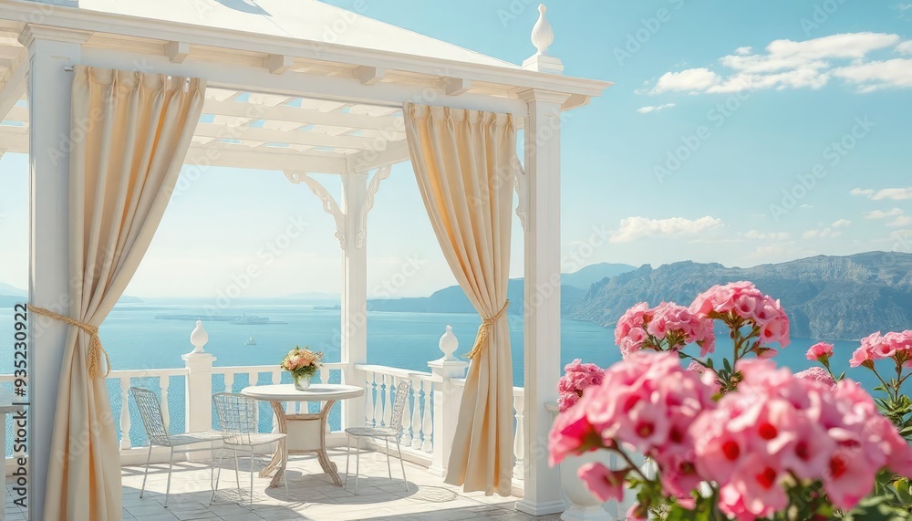 Fototapeta premium Beautiful views of the sea and a white gazebo from the terrace in pink flowers and beige curtains. Digital collage, mural and mural. Wallpaper. Poster design. Modular panel. 3d render, ai