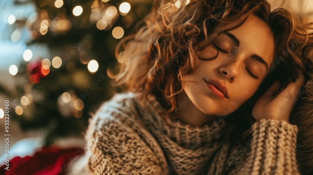 A young woman relaxes peacefully at home with her eyes closed, enveloped in a cozy sweater. She enjoys the tranquil ambiance created by the festive Christmas tree in the background A young woman relaxes peacefully at home with her eyes closed, enveloped in a cozy sweater. She enjoys the tranquil ambiance created by the festive Christmas tree in the background