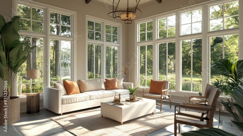 Discover the allure of a sunroom with large windows, comfortable seating, and plenty of natural light,