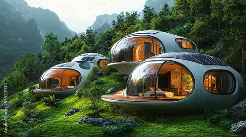 Solar panels on the roofs of futuristic dome homes in a lush green valley.