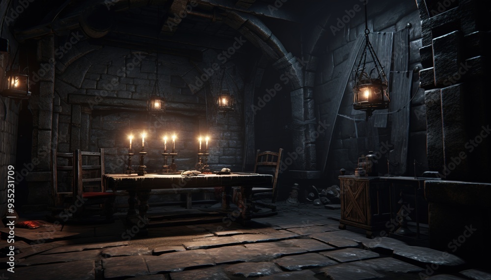 Fototapeta premium A dark dungeon cell with a single long wooden table in the center, a door at its end, and iron bars on both sides. 