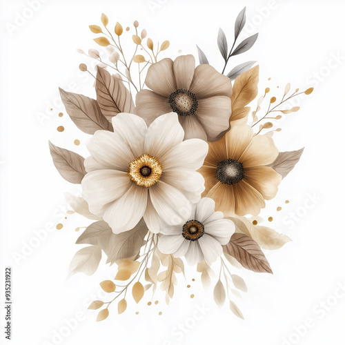 hand draw watercolor realistic bouquet fall flower, white background illustration, light brown and white, muted colors,fall colors flowers