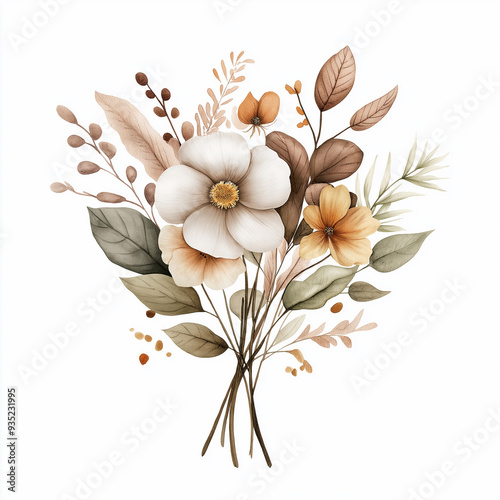 hand draw watercolor realistic bouquet fall flower, white background illustration, light brown and white, muted colors,fall colors flowers