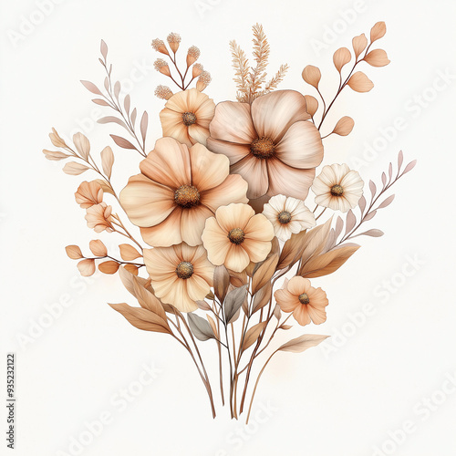 hand draw watercolor realistic bouquet fall flower, white background illustration, light brown and white, muted colors,fall colors flowers