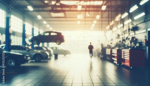 Wallpaper Mural Blurred abstract image of a mechanic service center, featuring vague outlines of cars and tools, creating a soft, dreamlike atmosphere in a car care station background Torontodigital.ca