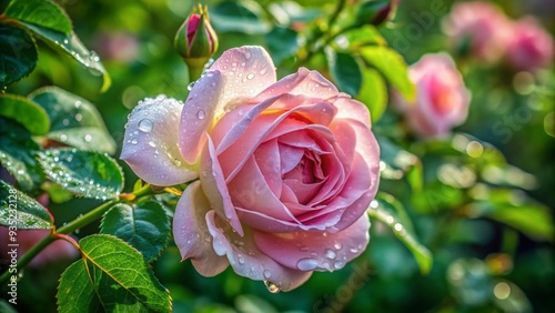 A delicate, once-beautiful rose wilts, its petals drooping and fading to a soft pink, surrounded by lush green foliage and subtle morning dew.