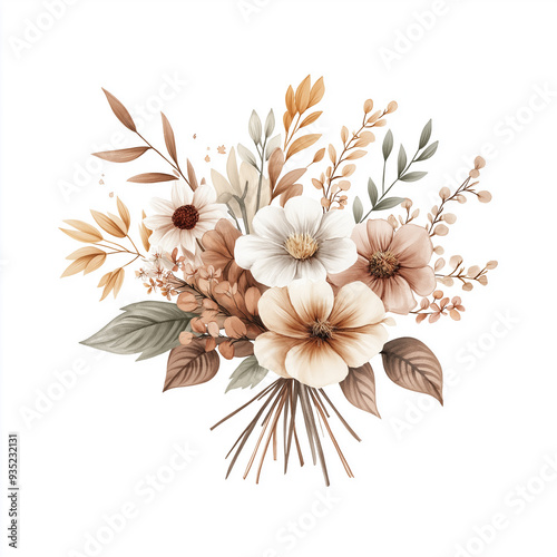 hand draw watercolor realistic bouquet fall flower, white background illustration, light brown and white, muted colors,fall colors flowers
