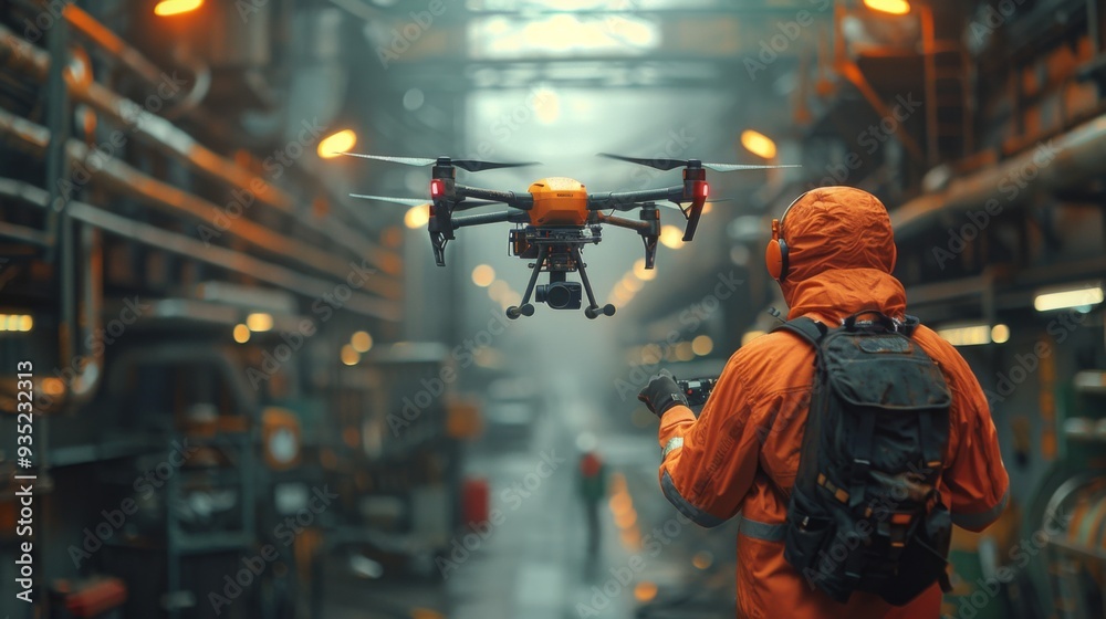 Fototapeta premium Depict a drone inspecting industrial equipment and infrastructure, such as pipelines or oil rigs, to ensure operational efficiency and safety