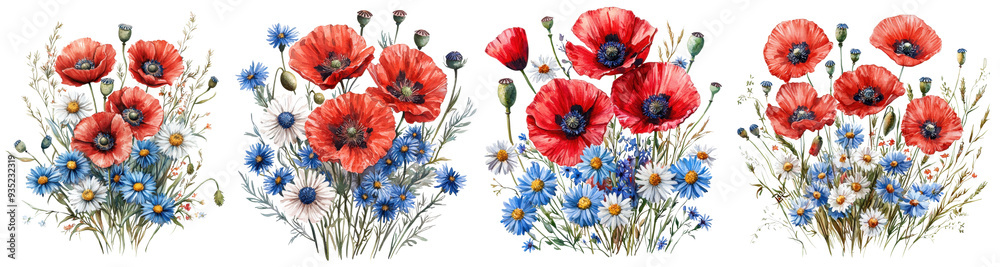 Fototapeta premium Watercolor illustration of floral arrangements featuring red poppies, blue cornflowers Watercolor collection hand drawn Botanical transparent background isolated PNG