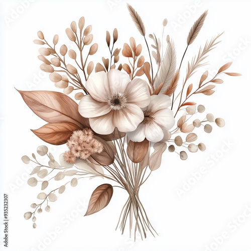 hand draw watercolor realistic bouquet fall flower, white background illustration, light brown and white, muted colors,fall colors flowers