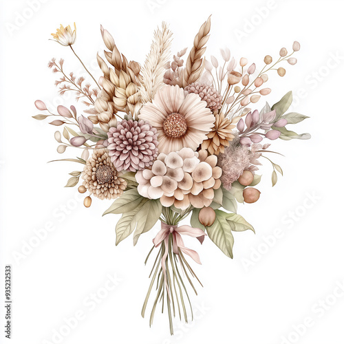 hand draw watercolor realistic bouquet fall flower, white background illustration, light brown and white, muted colors,fall colors flowers