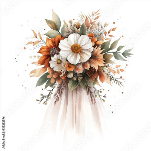 hand draw watercolor realistic bouquet fall flower, white background illustration, light brown and white, muted colors,fall colors flowers