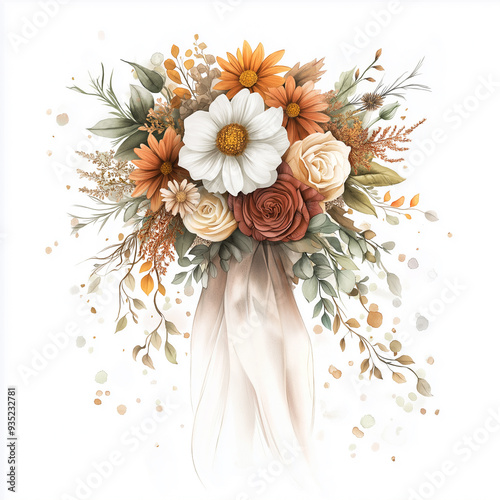 hand draw watercolor realistic bouquet fall flower, white background illustration, light brown and white, muted colors,fall colors flowers