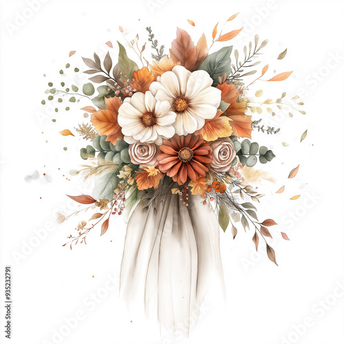hand draw watercolor realistic bouquet fall flower, white background illustration, light brown and white, muted colors,fall colors flowers