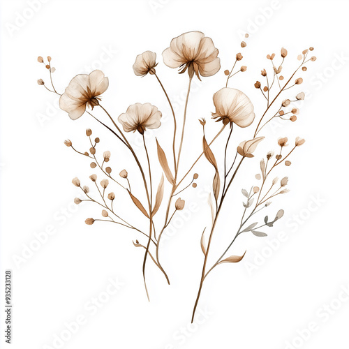 hand draw watercolor realistic bouquet fall flower, white background illustration, light brown and white, muted colors,fall colors flowers