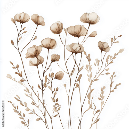 hand draw watercolor realistic bouquet fall flower, white background illustration, light brown and white, muted colors,fall colors flowers
