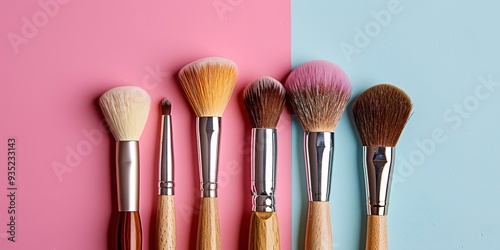 A collection of beauty brushes displayed against a vibrant backdrop.