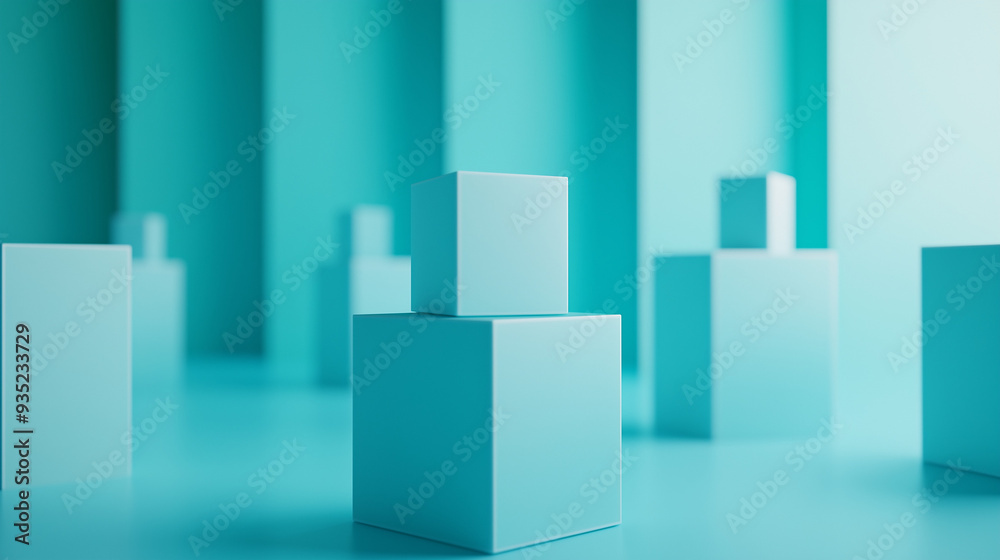 Various blue geometric shapes are strategically placed in a tranquil setting, creating an engaging visual composition with soft lighting enhancing their forms Various blue geometric shapes are strategically placed in a tranquil setting, creating an engaging visual composition with soft lighting enhancing their forms