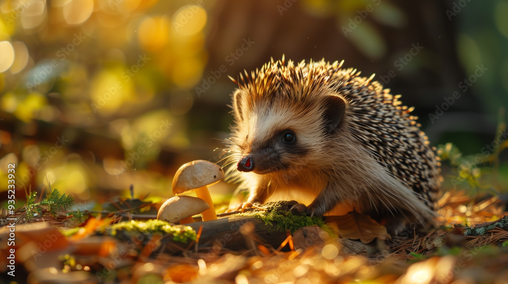 A hedgehog in the forest near two mushrooms, surrounded by autumn leaves and golden light A hedgehog in the forest near two mushrooms, surrounded by autumn leaves and golden light