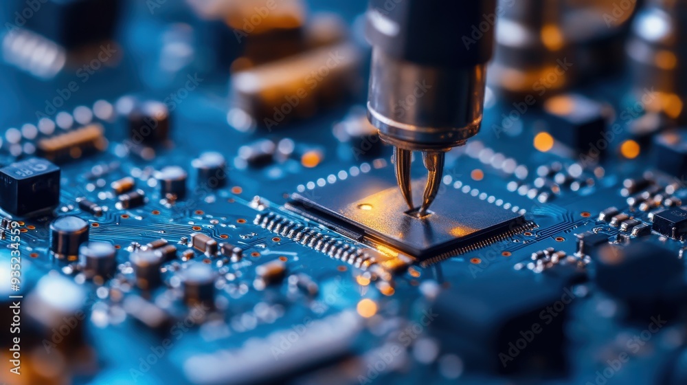 Experience the precision of a microelectronics factory where tiny components are assembled into advanced electronic devices Experience the precision of a microelectronics factory where tiny components are assembled into advanced electronic devices