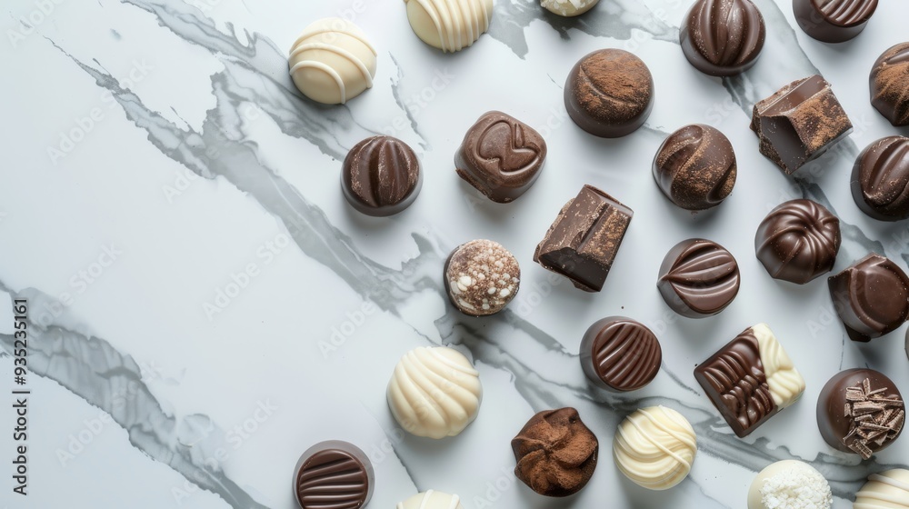 Exquisite Chocolate Candies on Marble Background with Copy Space