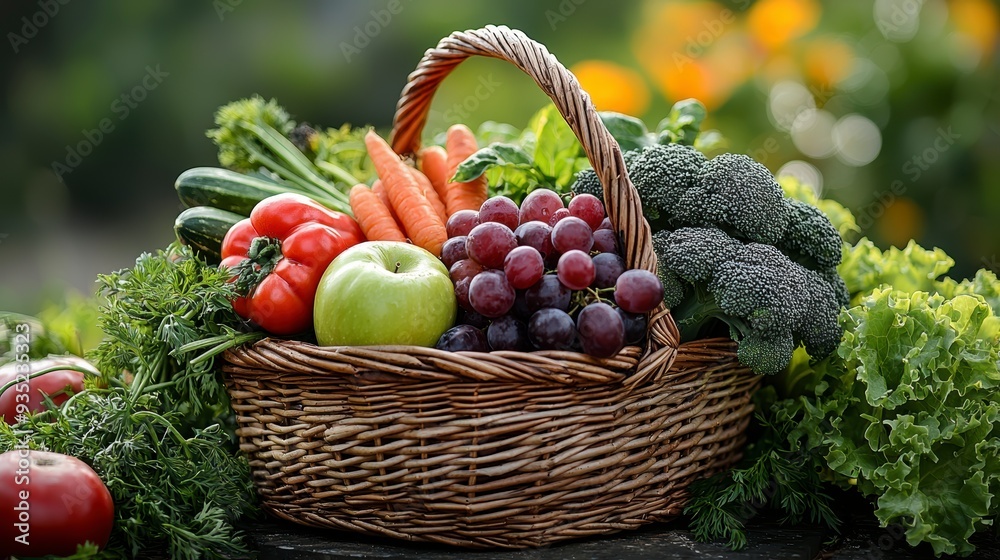 A wicker basket with vegetables and fruits on the background of the garden symbolizes a healthy diet A wicker basket with vegetables and fruits on the background of the garden symbolizes a healthy diet