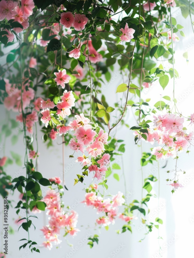 Fototapeta premium A serene illustration of red flowers and green leaves gently placed on a white background, featuring soft light and shadow effects