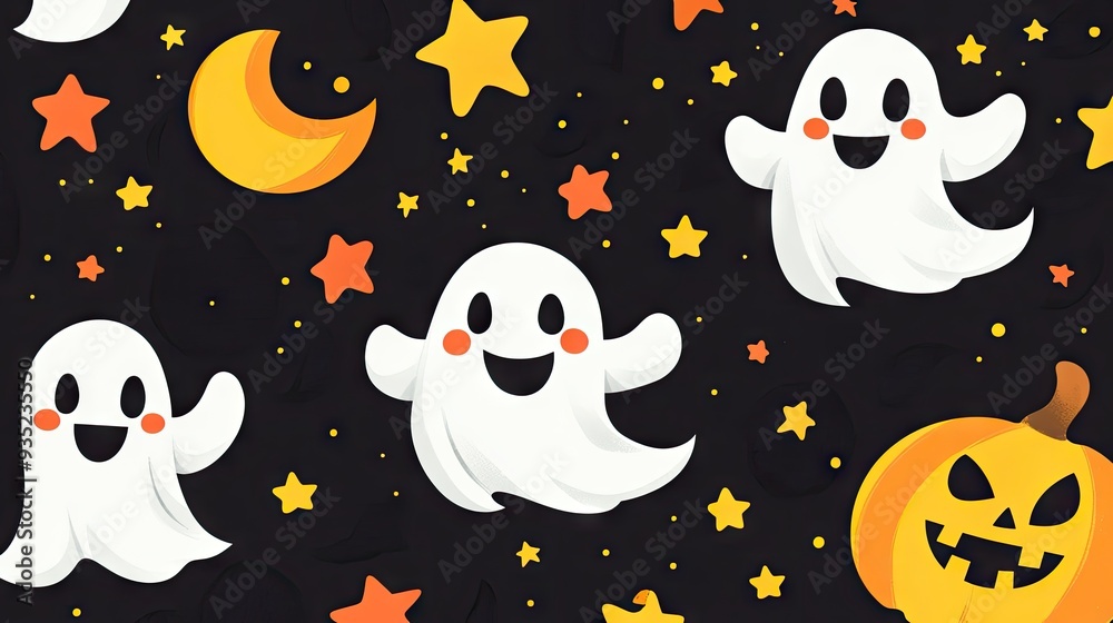 A cheerful Halloween background featuring happy ghosts, stars, and moons with ample room for copy space. A cheerful Halloween background featuring happy ghosts, stars, and moons with ample room for copy space.
