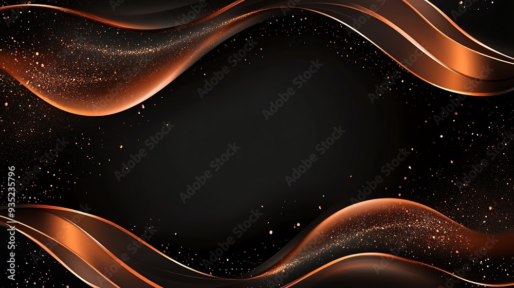 Abstract Black Background with Golden Waves and Glitter