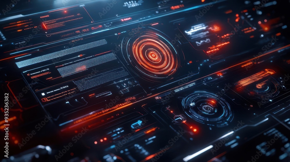 Futuristic interface with glowing red and blue lights, displaying data and graphics. Futuristic interface with glowing red and blue lights, displaying data and graphics.