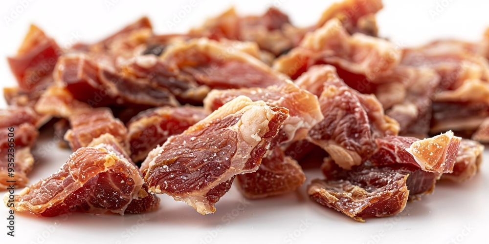 Dehydrated beef, salted chicken, and pork fillet jerky snacks on a white background. Dehydrated beef, salted chicken, and pork fillet jerky snacks on a white background.