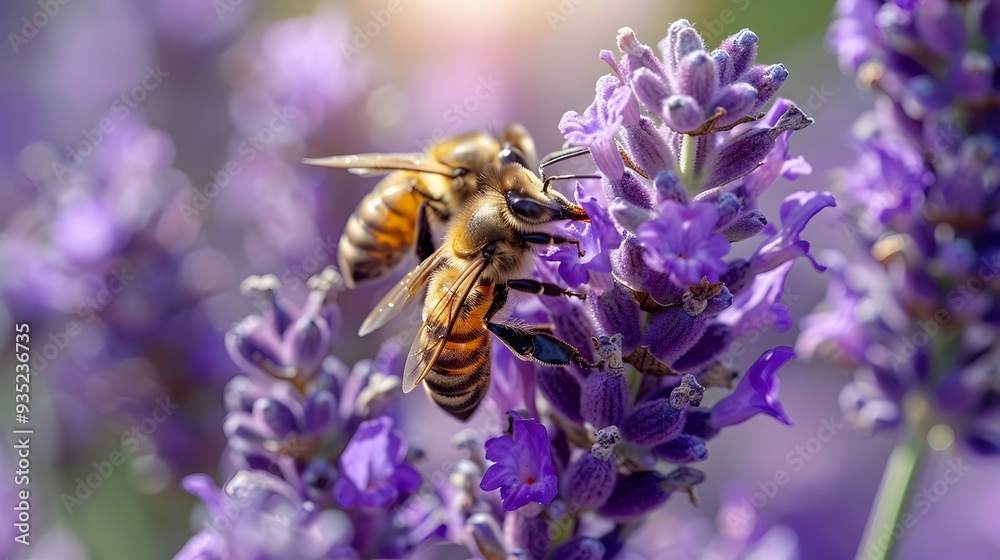 Vibrant Bee Pollinating Lavender Flower in Natural Sunlight Detailed Petals and Wings