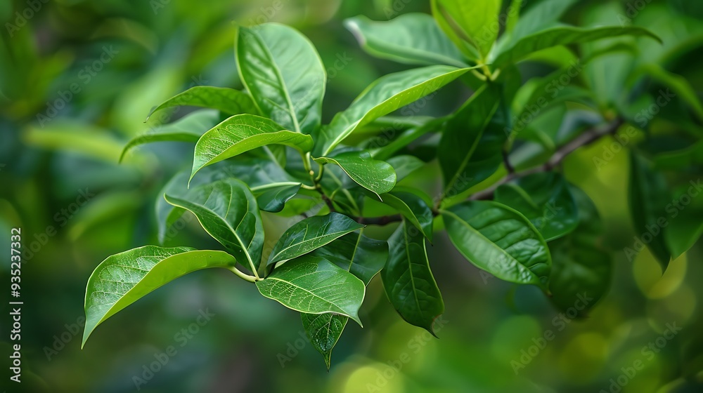 Green foliage of a camphor branch or cinnamon camphora on a backdrop of nature