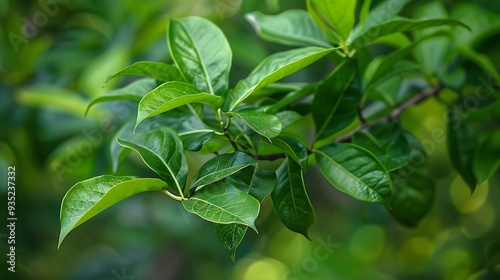 Green foliage of a camphor branch or cinnamon camphora on a backdrop of nature photo