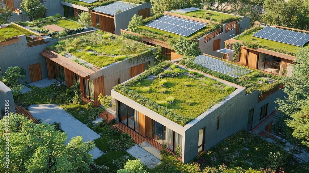 Obraz premium Green Roof Houses with Solar Panels