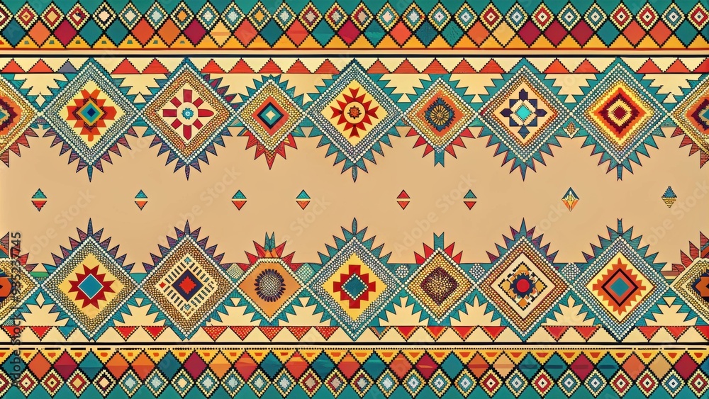 Colorful seamless Aztec pattern with geometric shapes on beige background, Aztec, colorful, seamless, pattern Colorful seamless Aztec pattern with geometric shapes on beige background, Aztec, colorful, seamless, pattern