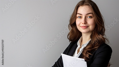 Image of a female finance consultant holding a document against a light backdrop.