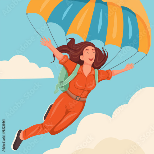 Vector illustration happy woman jumping with parachute. Skydiver soars in clouds. Extreme sport.
