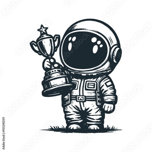 Cute astronaut holding trophy. Black white vector icon and logo illustration.