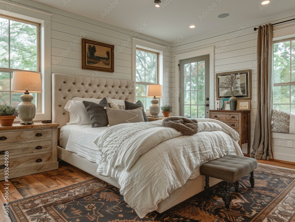 Fototapeta premium Spacious Bedroom with Wood Paneling