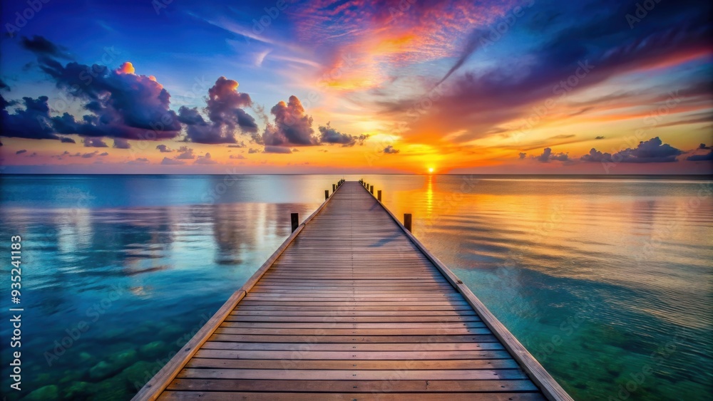 Obraz premium Wooden pier extending into the ocean with a colorful sunset in the background, sunset, wooden pier, ocean, water, evening