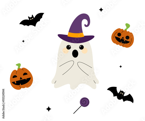 Cute spook character. Set of halloween elements. Vector illustration for design, scrapbooking, sticker, card, poster.	