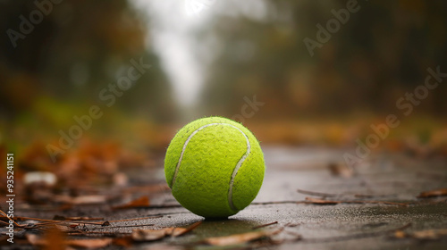 A bright green tennis ball sits alone on a wet trail, surrounded by colorful autumn leaves in a serene park during a cool, overcast day