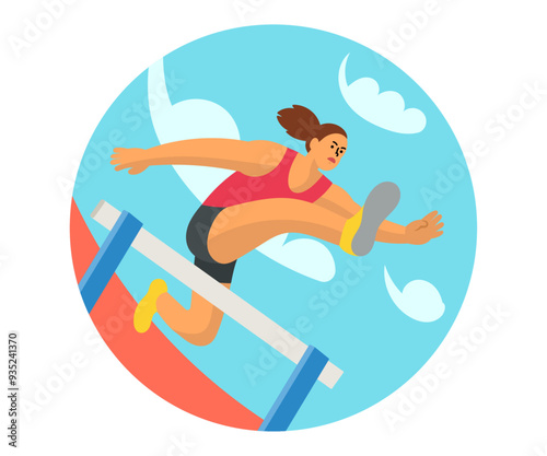 Athletes flying hurdles in athletics.