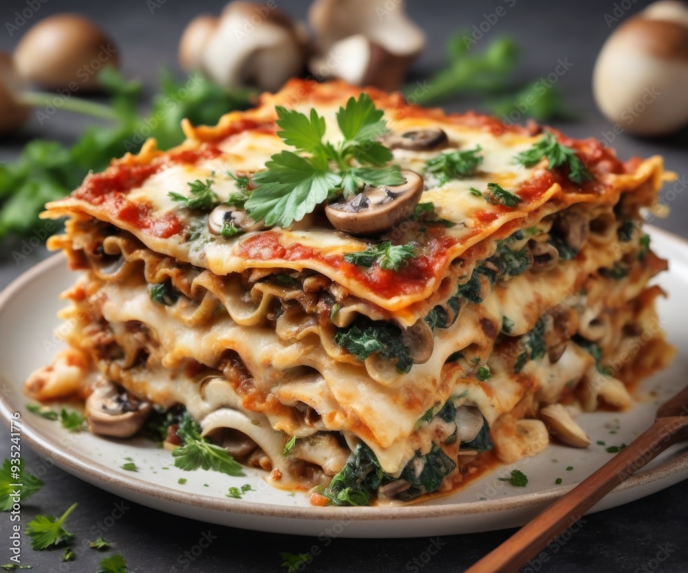 Rustic Lasagna with Layers of Pasta, Mushrooms, and Spinach on W Rustic Lasagna with Layers of Pasta, Mushrooms, and Spinach on W