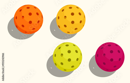 Set of colorful pickleball balls. Pickleball sports equipment for outdoor games. Sports illustration. 