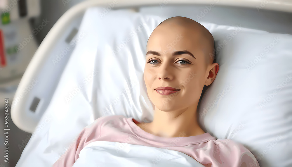 Attractive bald woman lies on a hospital bed in an oncology ward, resting after chemotherapy, the concept of medicine and health care Attractive bald woman lies on a hospital bed in an oncology ward, resting after chemotherapy, the concept of medicine and health care