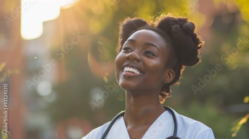 A young woman stands outside with a joyful expression on her face, radiating happiness. The sun shines brightly, casting a warm glow around her, enhancing the moment